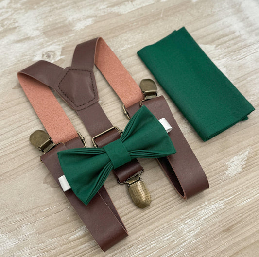 Juniper Bow tie & Suspenders | Vegan Leather Braces | Emerald Green Bow | Pocket Square | Ring Bearer Outfit | Boho Rustic Wedding