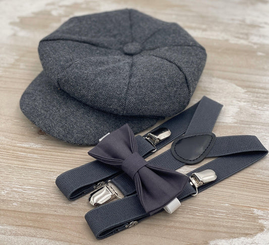 Tweed Newsboy Cap | Gray Applejack Hat | Suspenders | Charcoal Bow Tie | Ring Bearer Outfit | Cake Smash Outfit | Page Boy Cap | Wedding Set