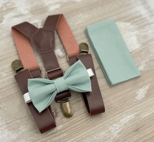 Dusty Sage Bow tie & Suspenders | Vegan Leather Braces | Agave Bow | Pocket Square | Ring Bearer Outfit | Rustic Wedding | Groomsman Gift