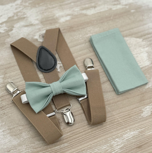 Dusty Sage Bow tie & Suspenders | Taupe Braces | Agave Bow | Pocket Square | Ring Bearer Outfit | Rustic Boho Wedding | Groomsman Gift