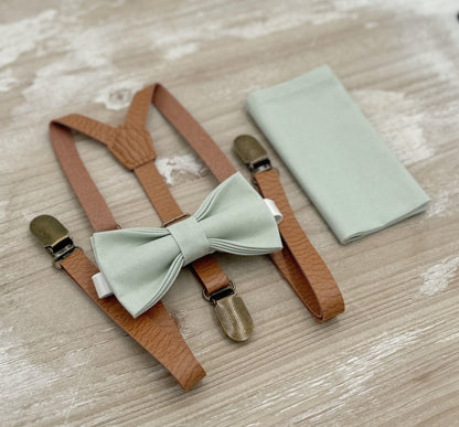 Dusty Sage Bow tie & Suspenders, Skinny Vegan Leather Suspenders, Pocket Square, Ring Bearer Outfit, Boho Wedding Set