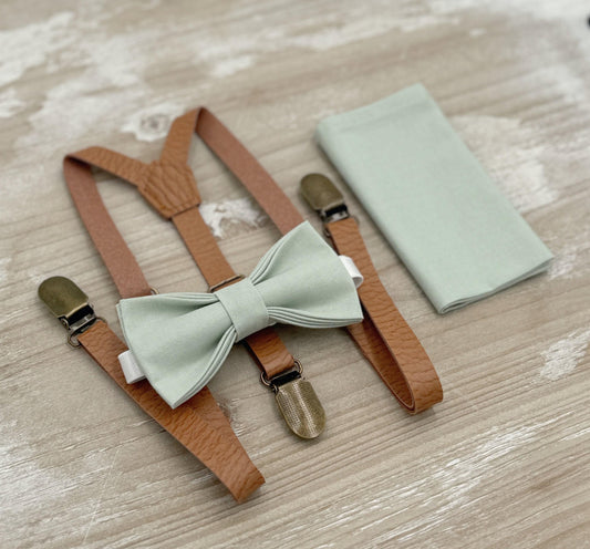 Dusty Sage Bow tie & Suspenders, Skinny Vegan Leather Suspenders, Pocket Square, Ring Bearer Outfit, Boho Wedding Set