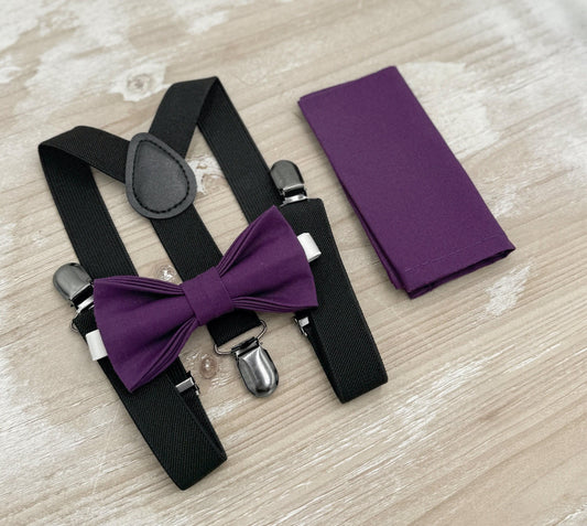 Plum Bow tie & Suspenders | Black Braces | Grape Bowtie | Pocket Square | Ring Bearer Outfit | Boho Rustic Wedding Set
