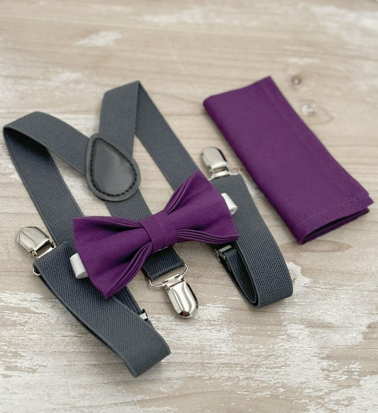 Plum Bow tie & Suspenders | Dark Gray Braces | Pocket Square | Ring Bearer Outfit | Boho Rustic Wedding | Groomsman Gift | Grape Bow Tie