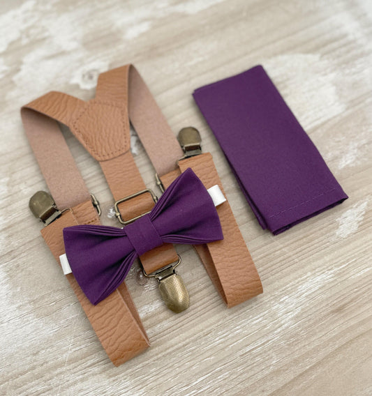 Plum Bow tie & Suspenders | Leather Light Brown Braces | Grape Bowtie | Pocket Square | Ring Bearer Outfit | Boho Rustic Wedding Set