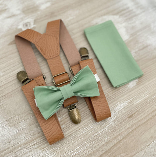 Matcha Bow tie & Suspenders | Leather Light Brown Braces | Sage Meadow Green Bow | Pocket Square | Ring Bearer Outfit | Boho Rustic Wedding
