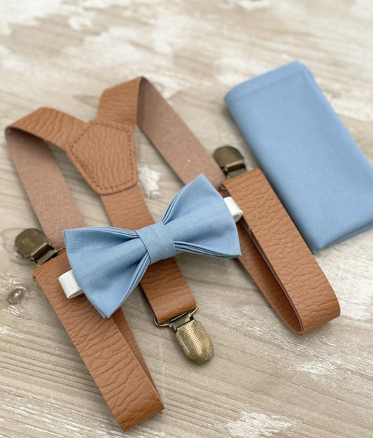 Steel Blue Bow Tie & Suspenders , Light Brown Leather braces , Men's pocket square , Boy's Ring Bearer gift , Groomsmen Wedding outfit