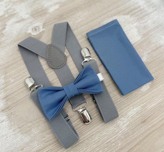Dark Steel Bow tie & Suspenders | Gray Braces | Twilight Blue Bow | Pocket Square | Ring Bearer Outfit | Boho Rustic Wedding