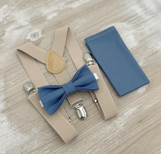 Dark Steel Bow tie & Suspenders | Champagne Tan Braces | Twilight Blue Bow | Pocket Square | Ring Bearer Outfit | Boho Rustic Wedding