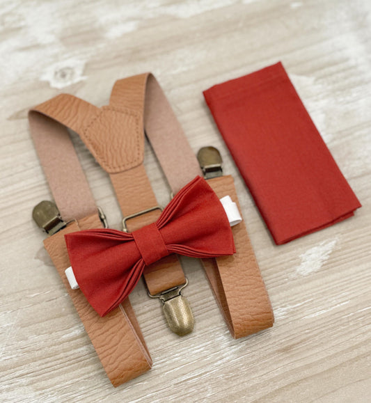 Terracotta Bow tie & Suspenders | Leather Light Brown Braces | Cinnamon Bowtie | Pocket Square | Ring Bearer Outfit | Boho Rustic Wedding