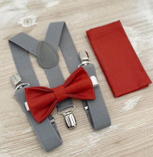Terracotta Bow tie & Suspenders | Gray Braces | Cinnamon Bowtie | Pocket Square | Ring Bearer Outfit | Boho Rustic Wedding