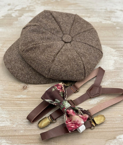 Tweed Newsboy Cap | Skinny Leather Suspenders | Floral Bow Tie | Ring Bearer Outfit | Cake Smash Outfit | Page Boy Cap | Wedding Set