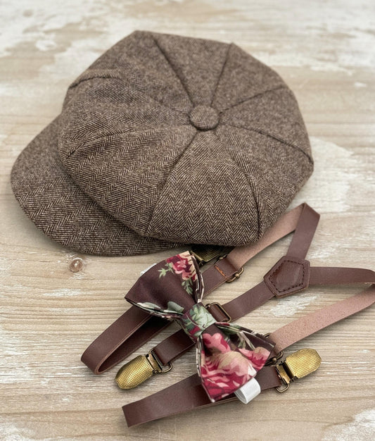 Tweed Newsboy Cap | Skinny Leather Suspenders | Floral Bow Tie | Ring Bearer Outfit | Cake Smash Outfit | Page Boy Cap | Wedding Set