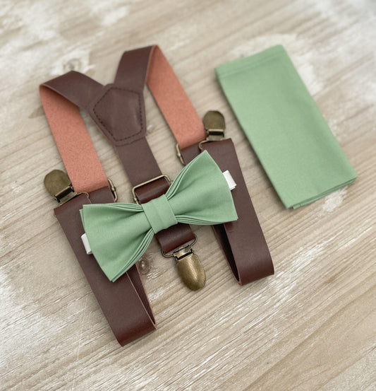 Matcha Bow tie & Suspenders | Leather Braces | Sage Meadow Green Bow | Pocket Square | Ring Bearer Outfit | Boho Rustic Wedding