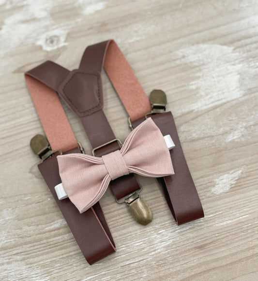 Vintage Rose Bow tie & Suspenders, Leather Braces, Linen Cameo BowTie, Ring Bearer Outfit, Boho Rustic Wedding