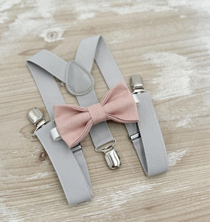 Vintage Rose Bow tie & Suspenders, Light Gray Braces, Linen Cameo BowTie, Ring Bearer Outfit, Boho Rustic Wedding