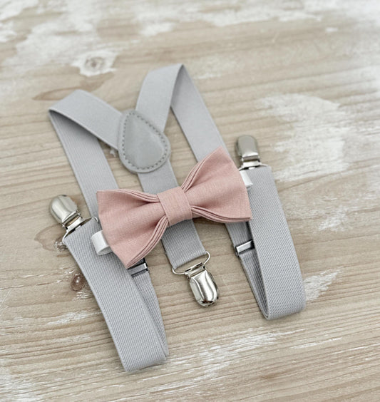 Vintage Rose Bow tie & Suspenders, Light Gray Braces, Linen Cameo BowTie, Ring Bearer Outfit, Boho Rustic Wedding