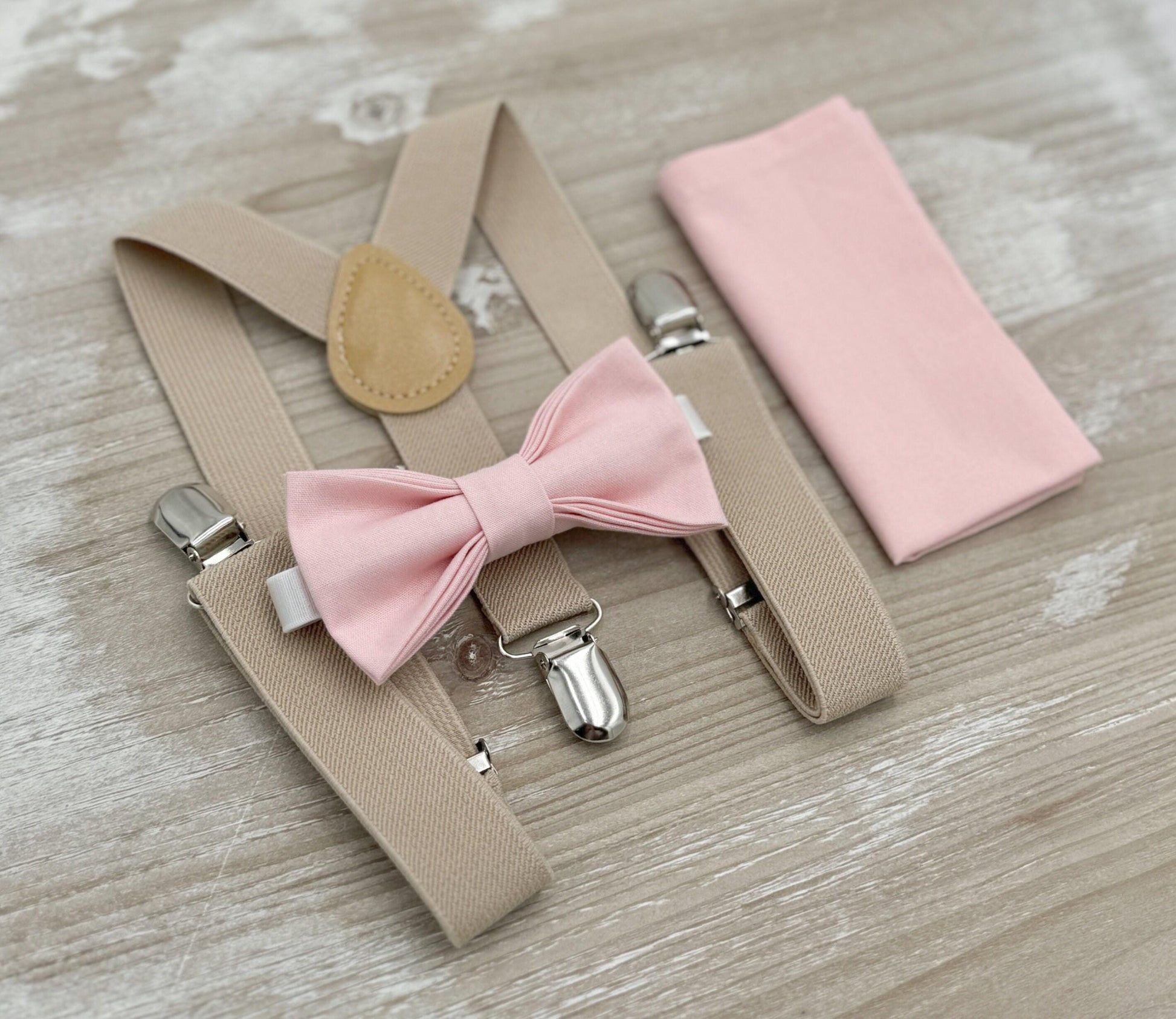 Blush Bow tie & Suspenders | Champagne Tan Braces, Petal Bow Tie, Pocket Square, Ring Bearer Outfit, Boho Wedding