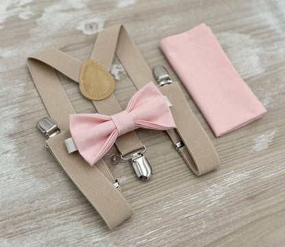Blush Bow tie & Suspenders | Champagne Tan Braces, Petal Bow Tie, Pocket Square, Ring Bearer Outfit, Boho Wedding