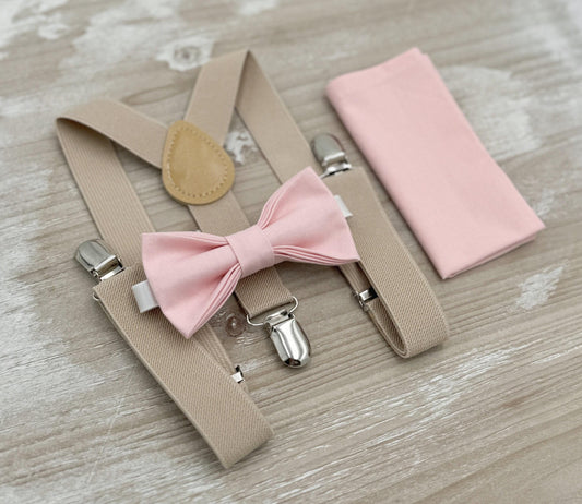 Blush Bow tie & Suspenders | Champagne Tan Braces, Petal Bow Tie, Pocket Square, Ring Bearer Outfit, Boho Wedding