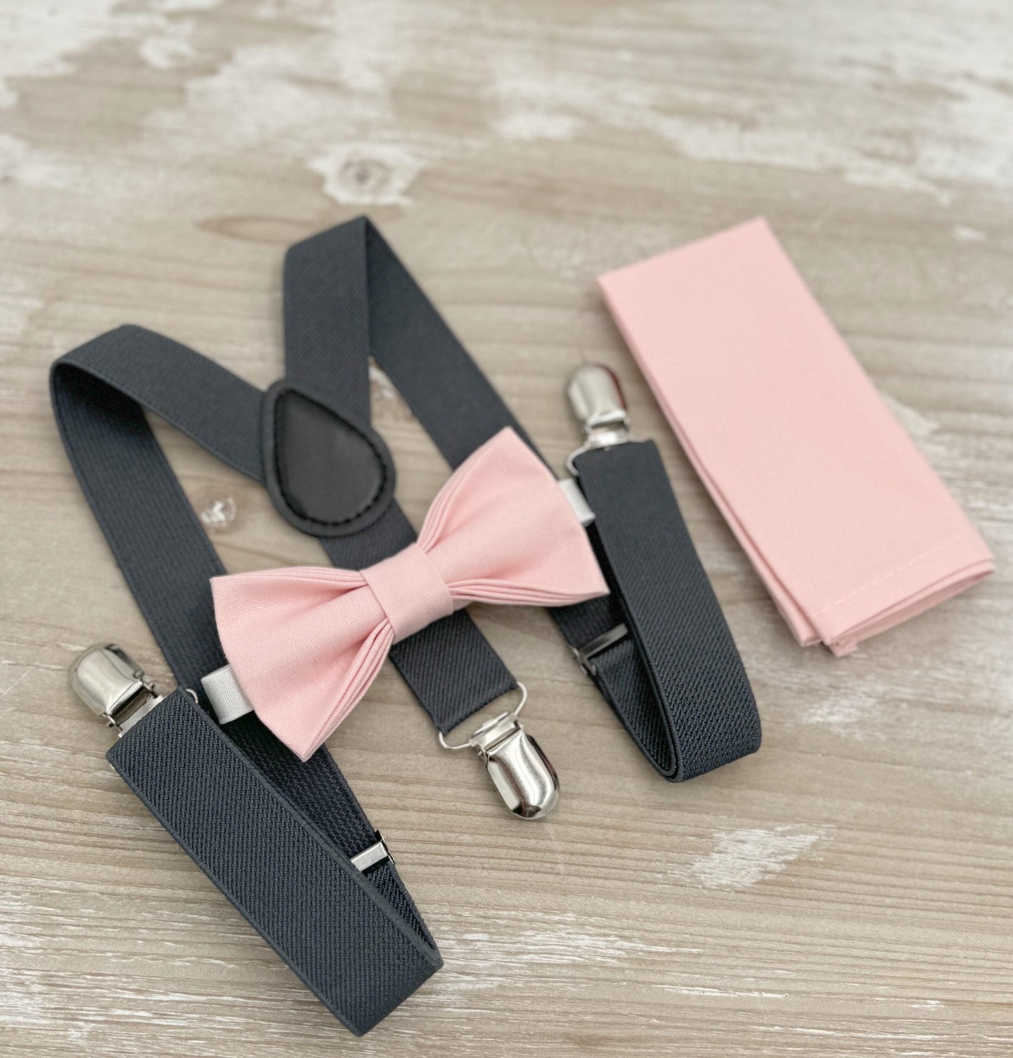 Blush Bow tie & Suspenders,Charcoal Dark Gray Braces, Petal Bow Tie, Pocket Square, Ring Bearer Outfit, Boho Wedding