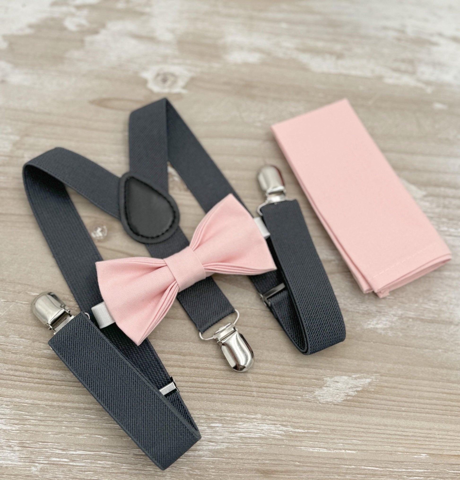 Blush Bow tie & Suspenders,Charcoal Dark Gray Braces, Petal Bow Tie, Pocket Square, Ring Bearer Outfit, Boho Wedding