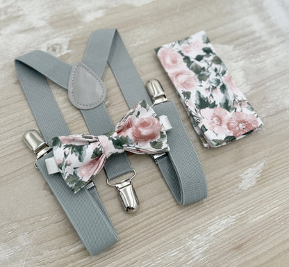 Floral Bow tie & Suspenders, Dusty Gray Braces, Dusty Rose Bow, Pocket Square, Ring Bearer Outfit, Boho Rustic Wedding, Groomsman Gift