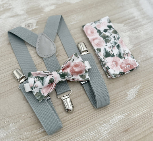Floral Bow tie & Suspenders, Dusty Gray Braces, Dusty Rose Bow, Pocket Square, Ring Bearer Outfit, Boho Rustic Wedding, Groomsman Gift