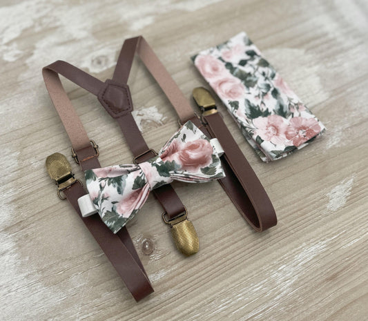Floral Bow tie & Vegan Leather Skinny Suspenders | Dusty Rose Bow Tie | Pocket Square | Ring Bearer Outfit | Boho Wedding | Groomsman Gift