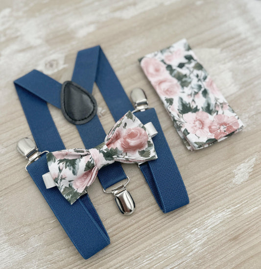 Floral Bow tie & Suspenders, Steel Blue Braces, Dusty Rose Bow Tie, Pocket Square, Ring Bearer Outfit, Boho Wedding, Groomsman Gift