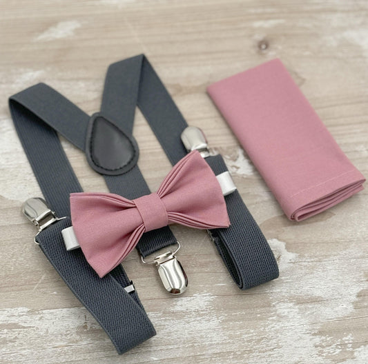 Dusty Rose Bow Tie & Suspenders – All Sizes for Men and Boys, Dark Gray Braces, Pocket Square, Ring Bearer, Groomsman Gift, Barn Wedding