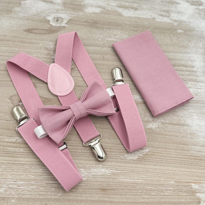 Vintage Mauve Bow Tie and Suspenders Set – All Sizes for Men and Boys, Quartz Bowtie, Pocket Square, Ring Bearer Outfit, Groomsman Gift