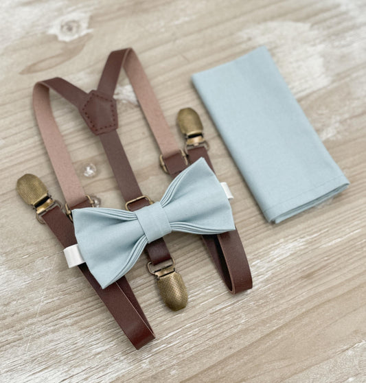 Mist Bow tie & Suspenders | Skinny Leather Braces | Sky Blue Bow | Dusty Blue Bowtie | Pocket Square | Ring Bearer Outfit | Rustic Wedding