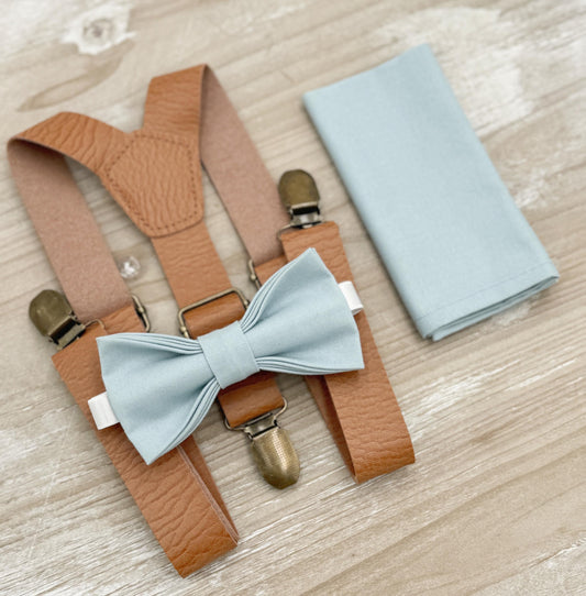 Mist Bow tie & Suspenders | Leather Light Brown Braces | Sky Blue Bow | Dusty Blue Bowtie | Pocket Square | Ring Bearer Outfit | Wedding Set