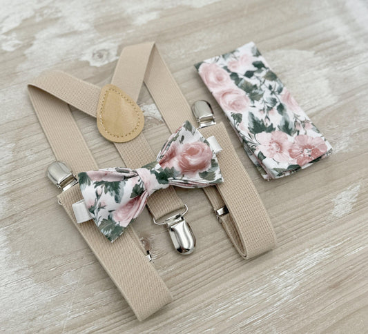 Floral Bow tie & Suspenders | Champagne Tan Braces | Dusty Rose Bow Tie | Pocket Square | Ring Bearer Outfit | Boho Wedding | Groomsman Gift