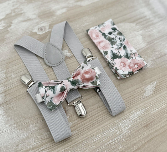 Floral Bow tie & Suspenders, Light Gray Braces, Dusty Rose Bow Tie, Pocket Square, Ring Bearer Outfit, Boho Wedding, Groomsman Gift