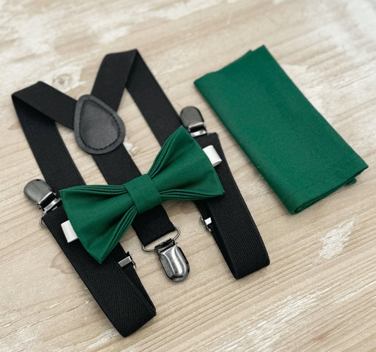 Juniper Bow tie & Suspenders | Black Braces | Emerald Green Bow | Pocket Square | Ring Bearer Outfit | Boho Rustic Wedding