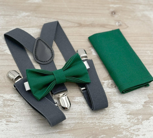 Juniper Bow tie & Suspenders | Dark Gray Charcoal Braces Pocket Square | Ring Bearer Outfit | Boho Wedding | Groomsman Gift | Emerald Bow