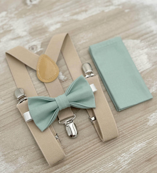 Dusty Sage Bow Tie & Champagne Suspenders – Ring Bearer Outfit, All Sizes Baby to Adult, Groomsman Gift, Pocket Square, Boho Wedding Set