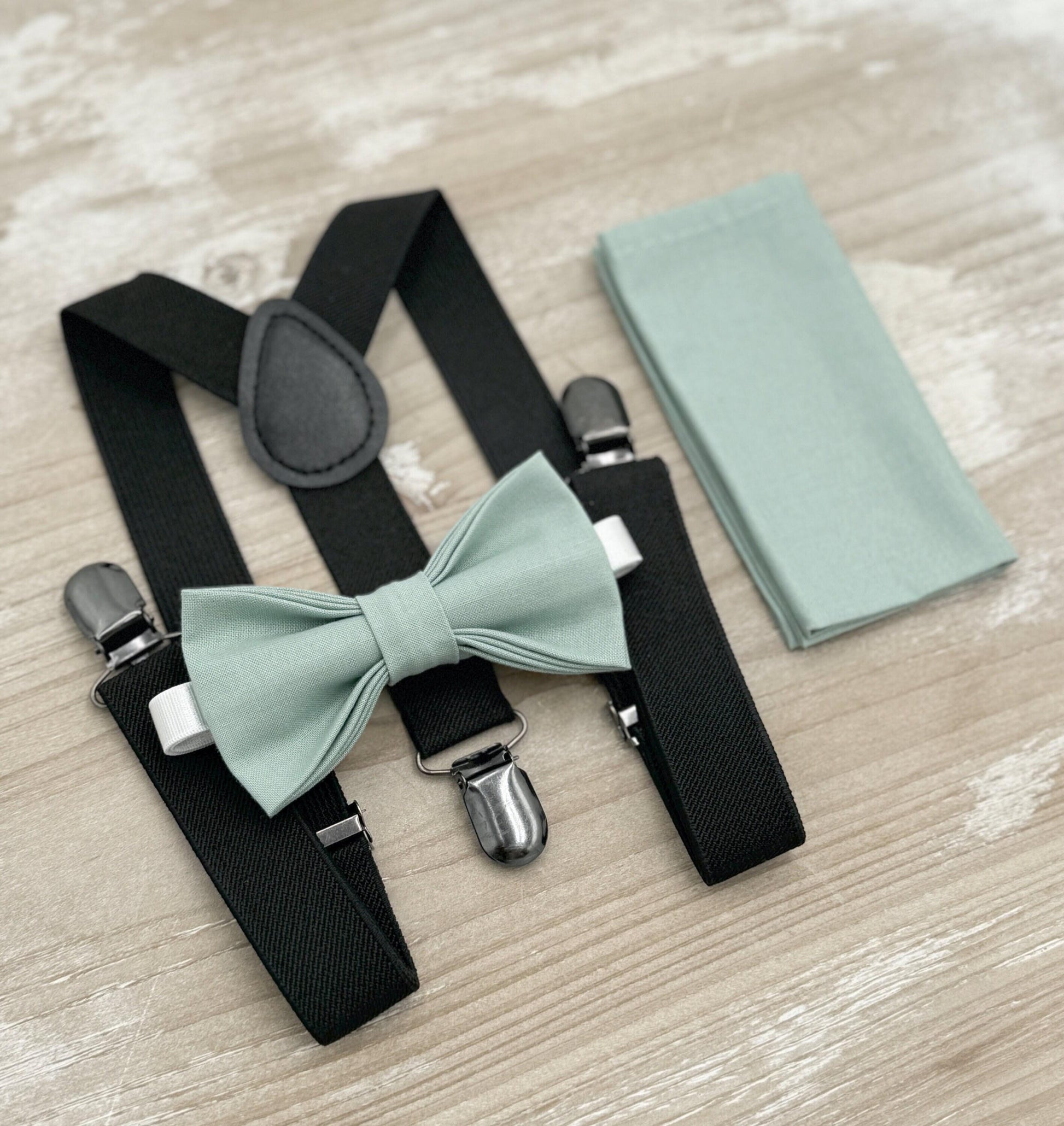 Dusty Sage Bow tie & Suspenders | Black Braces | Agave Bow | Pocket Square | Ring Bearer Outfit | Rustic Boho Wedding | Groomsman Gift