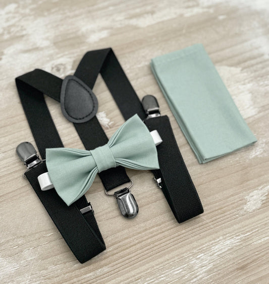 Dusty Sage Bow tie & Suspenders | Black Braces | Agave Bow | Pocket Square | Ring Bearer Outfit | Rustic Boho Wedding | Groomsman Gift