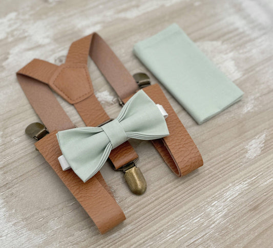 Dusty Sage Bow tie & Light Brown Suspenders | Vegan Leather Braces | Pocket Square | Ring Bearer Outfit | Boho Wedding Set