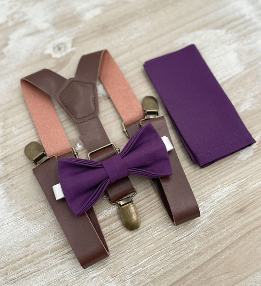 Plum Bow tie & Suspenders | Leather Braces | Grape Bowtie | Pocket Square | Ring Bearer Outfit | Boho Rustic Wedding Set