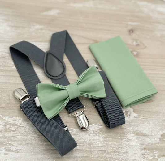 Matcha Bow tie & Suspenders | Dark Gray Braces | Pocket Square | Ring Bearer Outfit | Rustic Wedding | Groomsman Gift | Meadow Sage Bow Tie