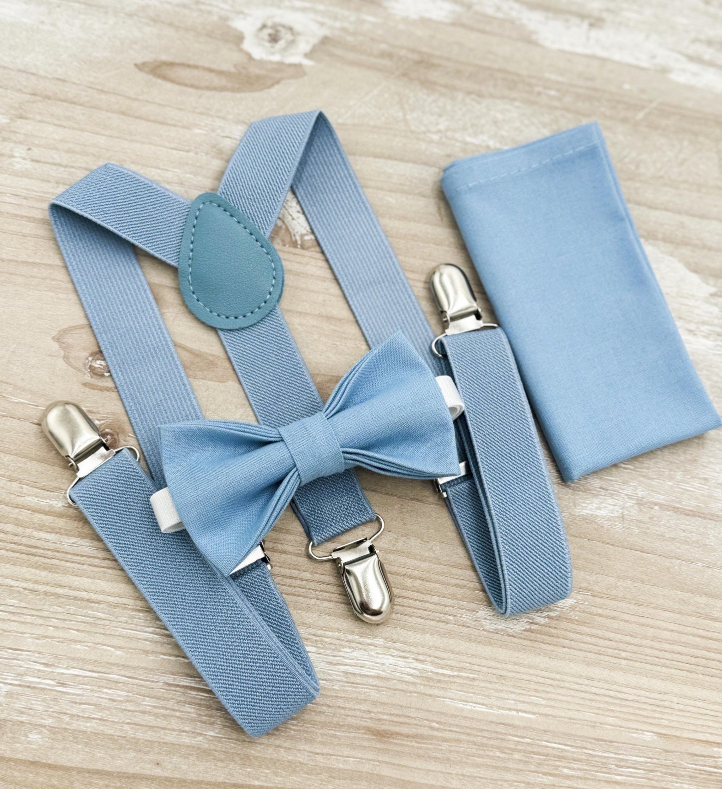 Steel Blue Bow Tie & Suspenders – Ring Bearer Outfit, All Sizes Baby to Adult, Groomsman Wedding Gift, Pocket Square, Dusty Blue Braces