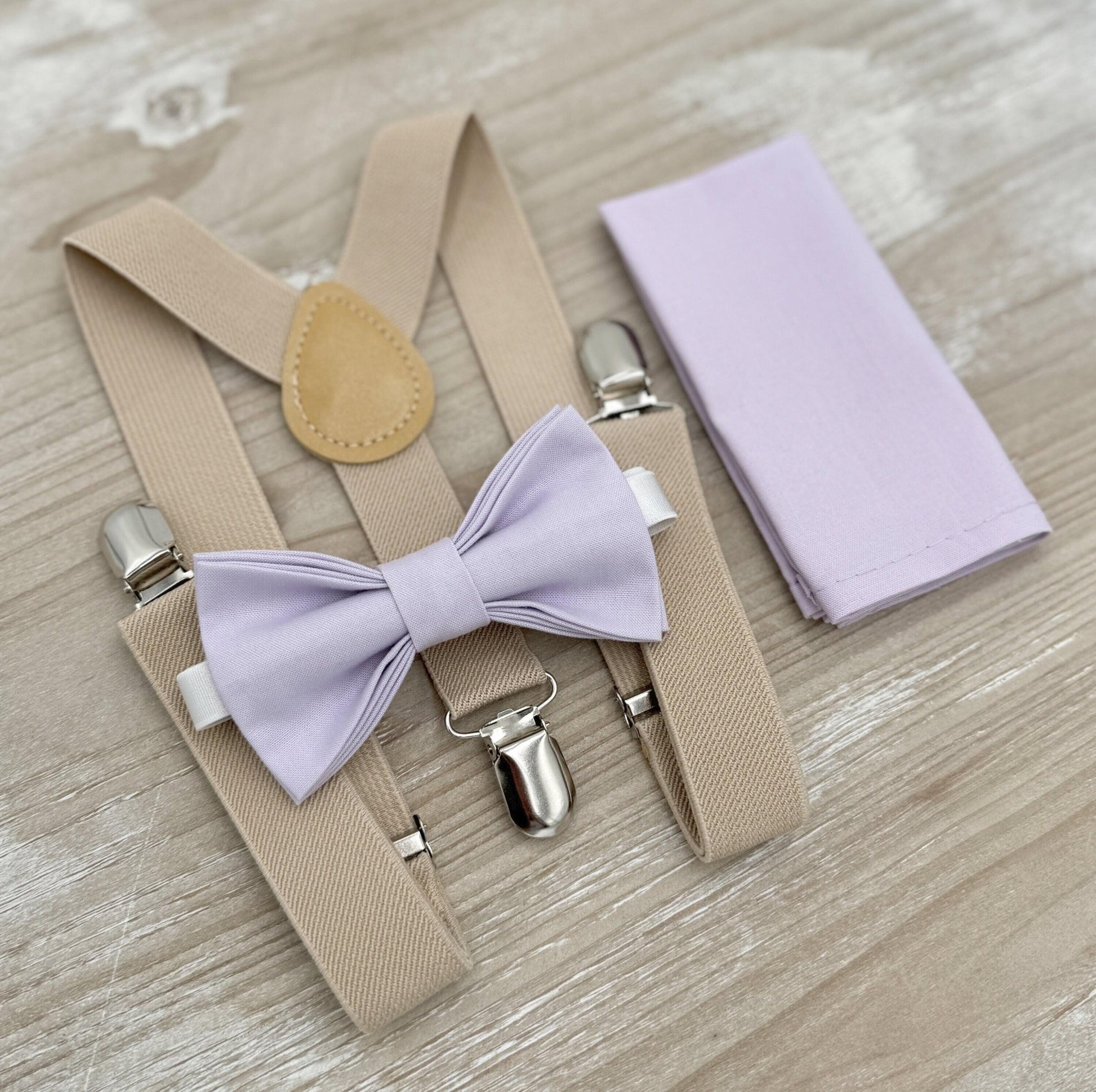 Iris Bow tie & Suspenders | Champagne Tan Braces | Pocket Square | Ring Bearer Outfit | Boho Rustic Wedding