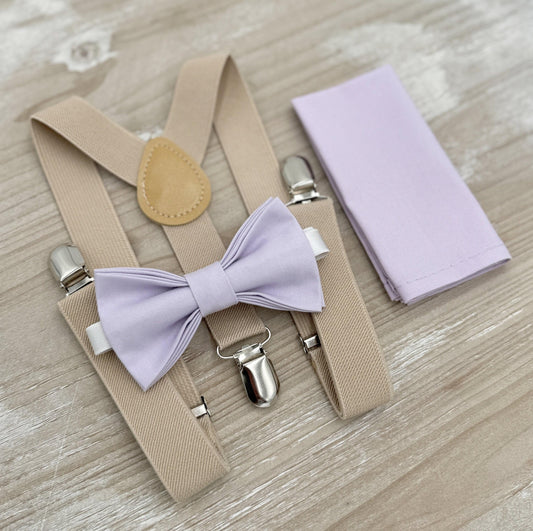 Iris Bow tie & Suspenders | Champagne Tan Braces | Pocket Square | Ring Bearer Outfit | Boho Rustic Wedding