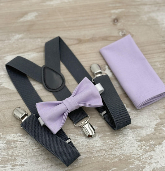 Lavender Bow tie & Charcoal Suspenders, Pocket Square, Ring Bearer Outfit, Boho Rustic Wedding Outfit, Groomsman Gift, Dark Gray Braces