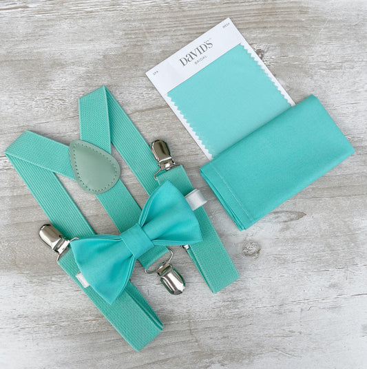 Spa Bow tie & Suspenders, Mint Braces, Pocket Square, Ring Bearer Outfit, Rustic Boho Wedding, Turquoise Bow, Groomsman Gift