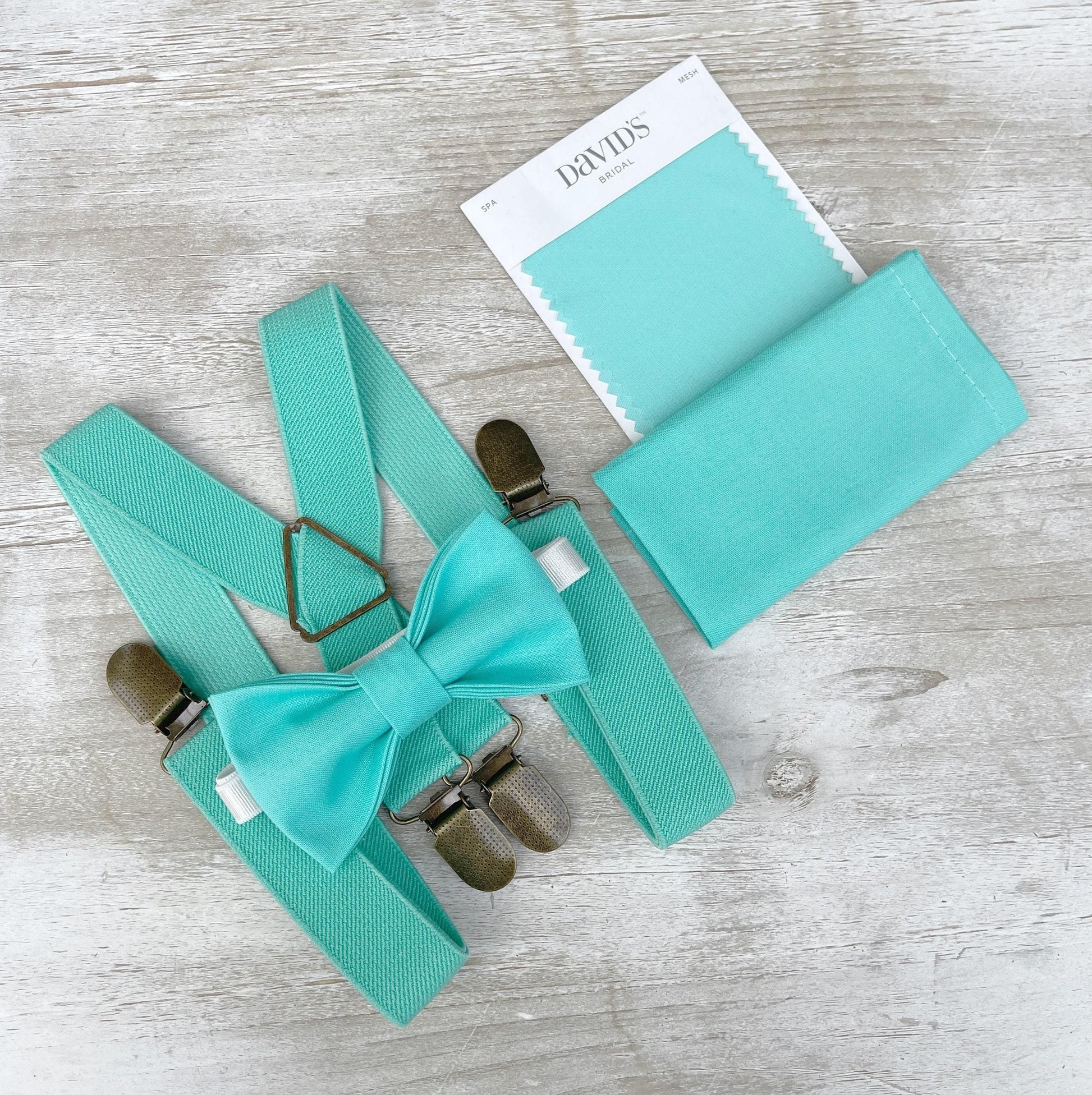 Spa Bow tie & Suspenders, Mint Turquoise Braces, Pocket Square, Ring Bearer Outfit, Rustic Boho Wedding, Groomsman Gift
